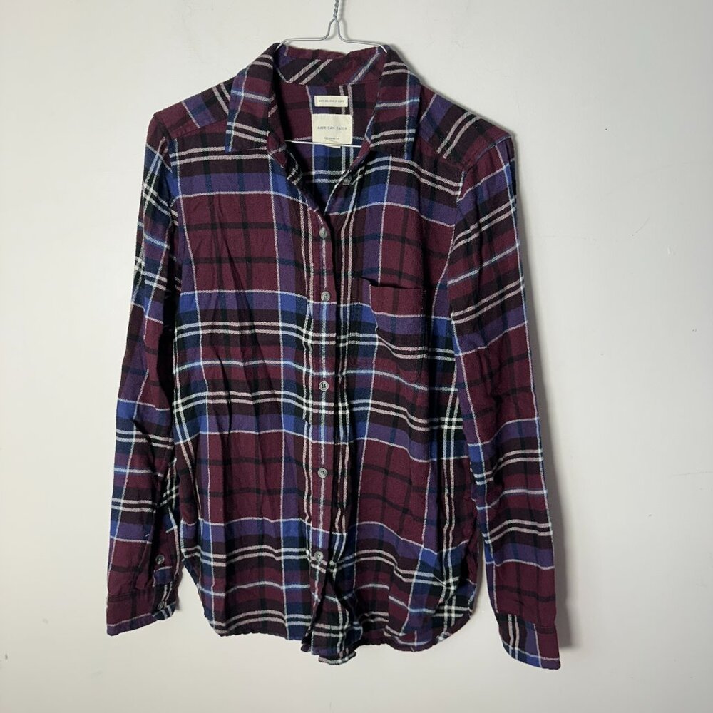EUC Womens American Eagle Outfitters Flannel Shirt Boyfriend Fit XS Red Blue